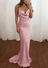 Sheath Column Cowl Neck Spaghetti Straps Sweep Train Satin Prom Dress