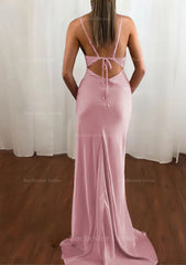 Sheath Column Cowl Neck Spaghetti Straps Sweep Train Satin Prom Dress