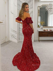 Sheath/Column Off-the-Shoulder Court Train Velvet Sequins Prom Dresses With Leg Slit