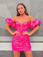 Sheath/Column Off-the-Shoulder Short/Mini Sequins Homecoming Dresses