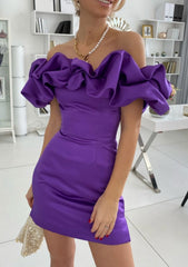 Sheath Column Off The Shoulder Sleeveless Satin Short Mini Homecoming Dress With Ruffles