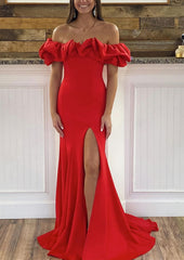 Sheath Column Off The Shoulder Sleeveless Sweep Train Satin Prom Dress With Ruffles Split