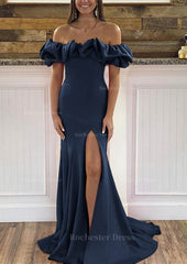 Sheath Column Off The Shoulder Sleeveless Sweep Train Satin Prom Dress With Ruffles Split