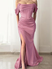 Sheath/Column Off-the-Shoulder Sweep Train Silk like Satin Prom Dresses With Leg Slit