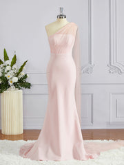 Sheath/Column One-Shoulder Sweep Train Stretch Crepe Bridesmaid Dresses