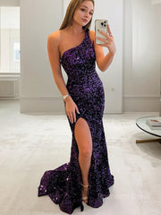 Sheath/Column One-Shoulder Sweep Train Velvet Sequins Evening Dresses With Leg Slit