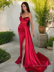 Sheath/Column Sweetheart Sweep Train Elastic Woven Satin Prom Dresses With Leg Slit