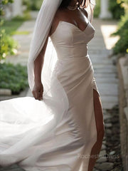 Sheath/Column Sweetheart Sweep Train Satin Wedding Dresses With Leg Slit