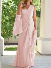 Sheath/Column V-neck Floor-Length Chiffon Mother of the Bride Dresses With Ruched