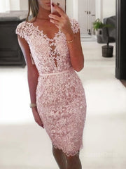 Sheath/Column V-neck Knee-Length Lace Homecoming Dresses