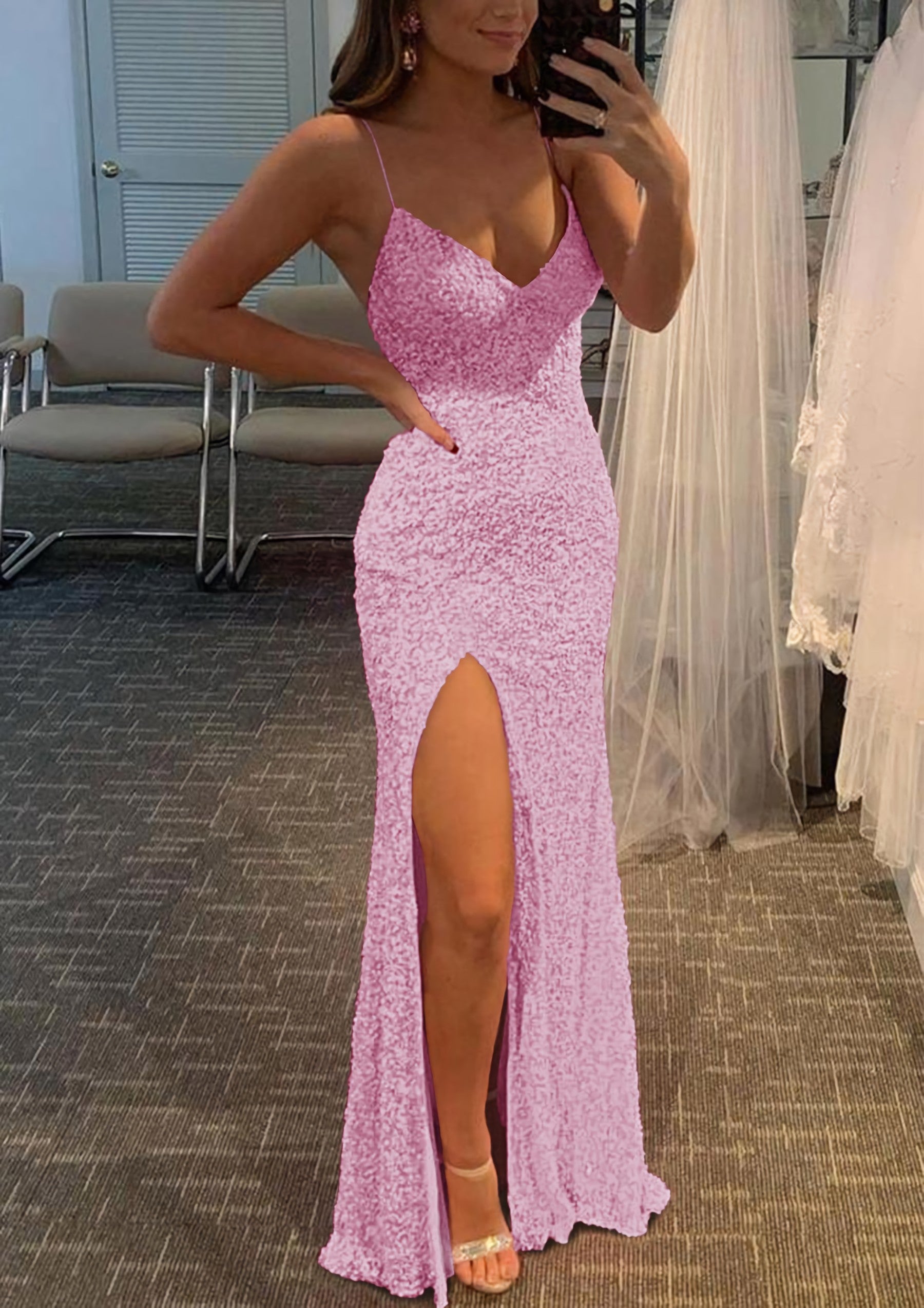 Sheath Column V Neck Spaghetti Straps Long Floor Length Velvet Sequins Prom Dress With Split