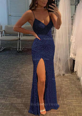 Sheath Column V Neck Spaghetti Straps Long Floor Length Velvet Sequins Prom Dress With Split