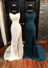 Sheath Column V Neck Spaghetti Straps Sweep Train Satin Prom Dress With Pleated Split