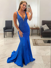 Sheath/Column V-neck Sweep Train Jersey Prom Dresses