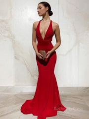 Sheath/Column V-neck Sweep Train Jersey Prom Dresses With Ruffles