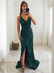 Sheath/Column V-neck Sweep Train Sequins Prom Dresses With Leg Slit