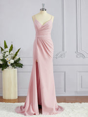 Sheath/Column V-neck Sweep Train Stretch Crepe Bridesmaid Dresses with Leg Slit