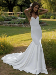 Sheath/Column V-neck Sweep Train Stretch Crepe Wedding Dresses