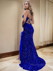 Sheath/Column V-neck Sweep Train Velvet Sequins Prom Dresses With Leg Slit