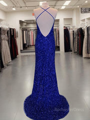 Sheath/Column V-neck Sweep Train Velvet Sequins Prom Dresses With Leg Slit