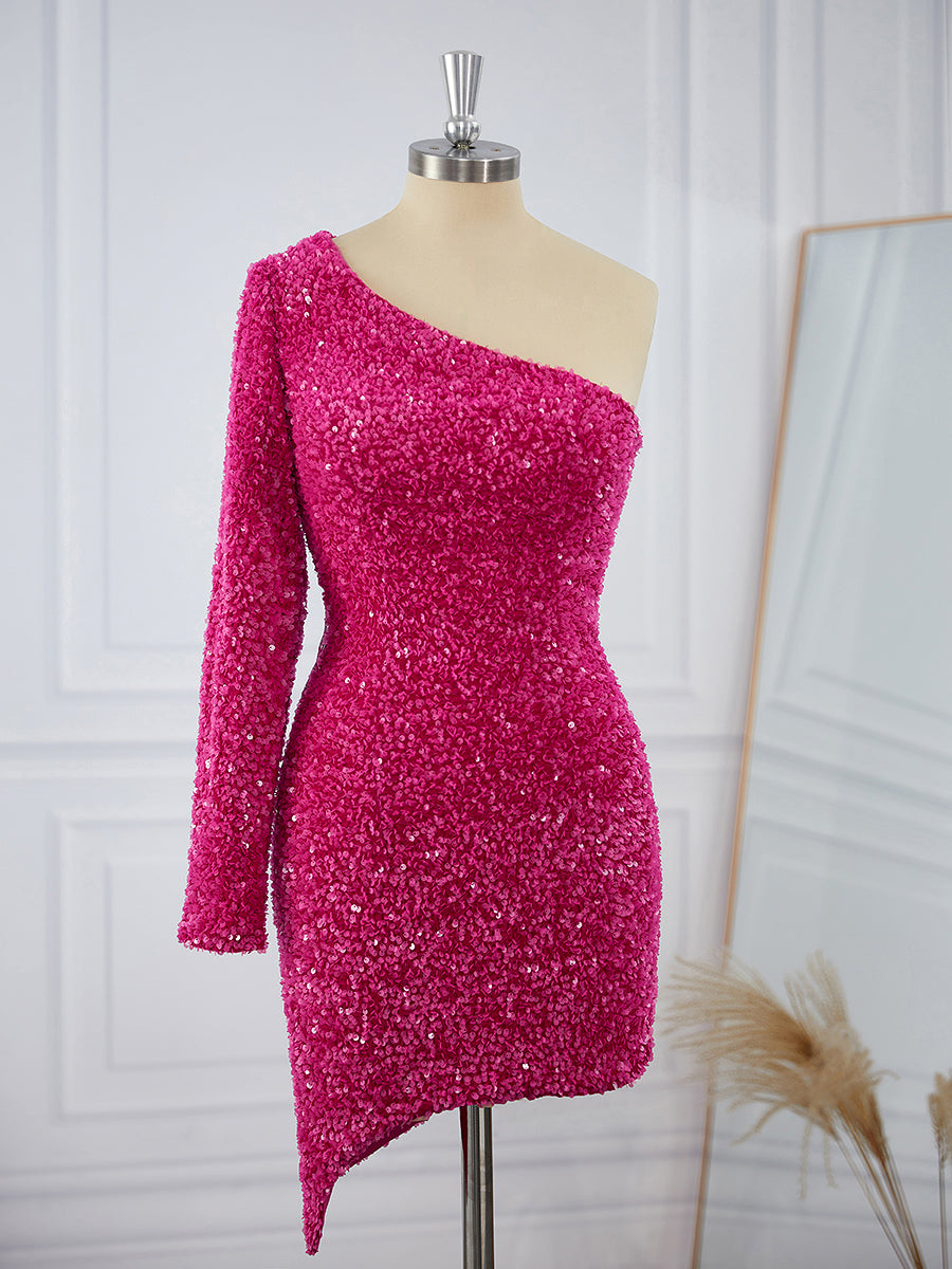 Sheath Long Sleeves Velvet Sequins One-Shoulder Short/Mini Dress