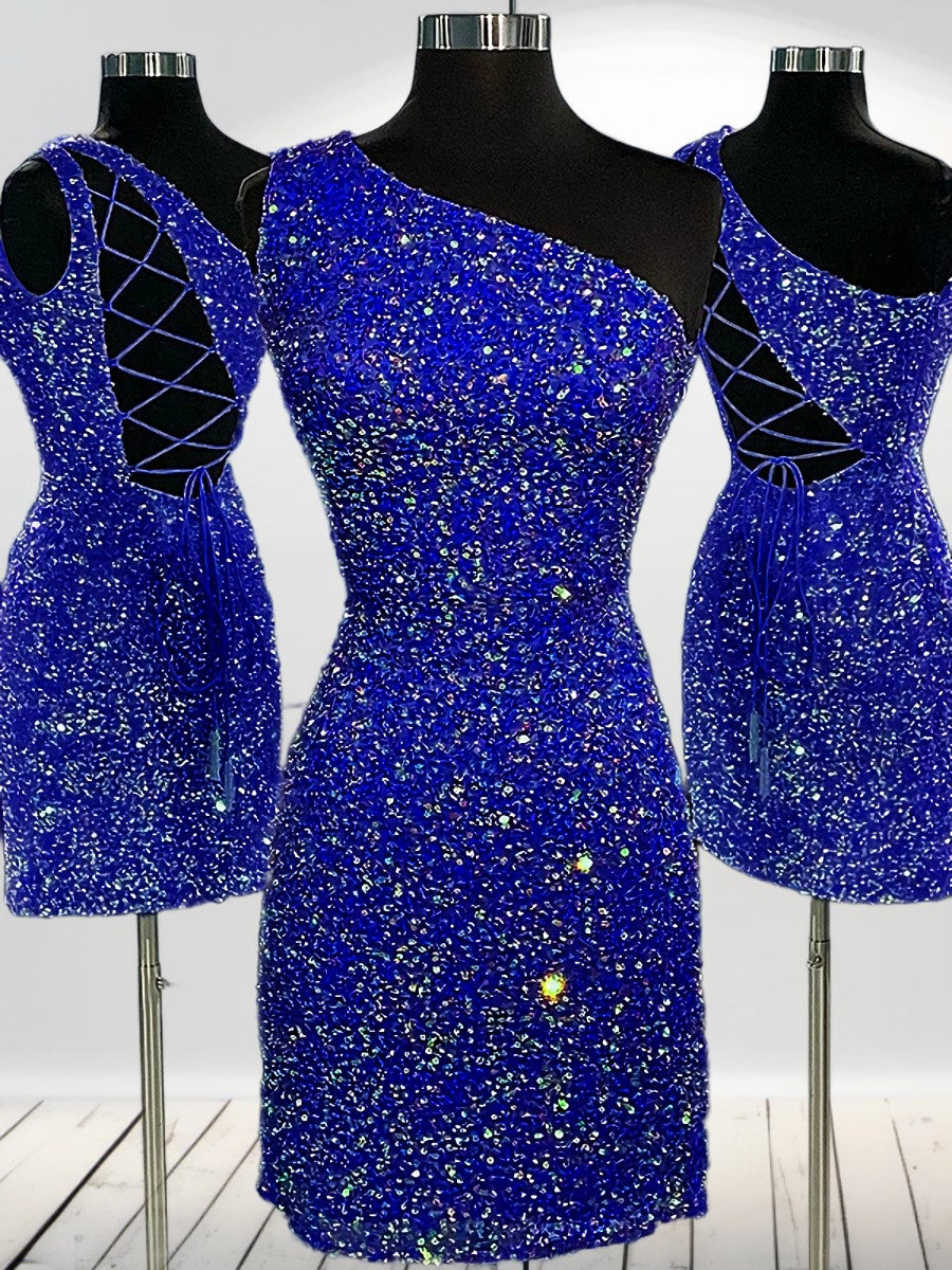 Sheath One-Shoulder Sequin Short/Mini Velvet Sequins Dress