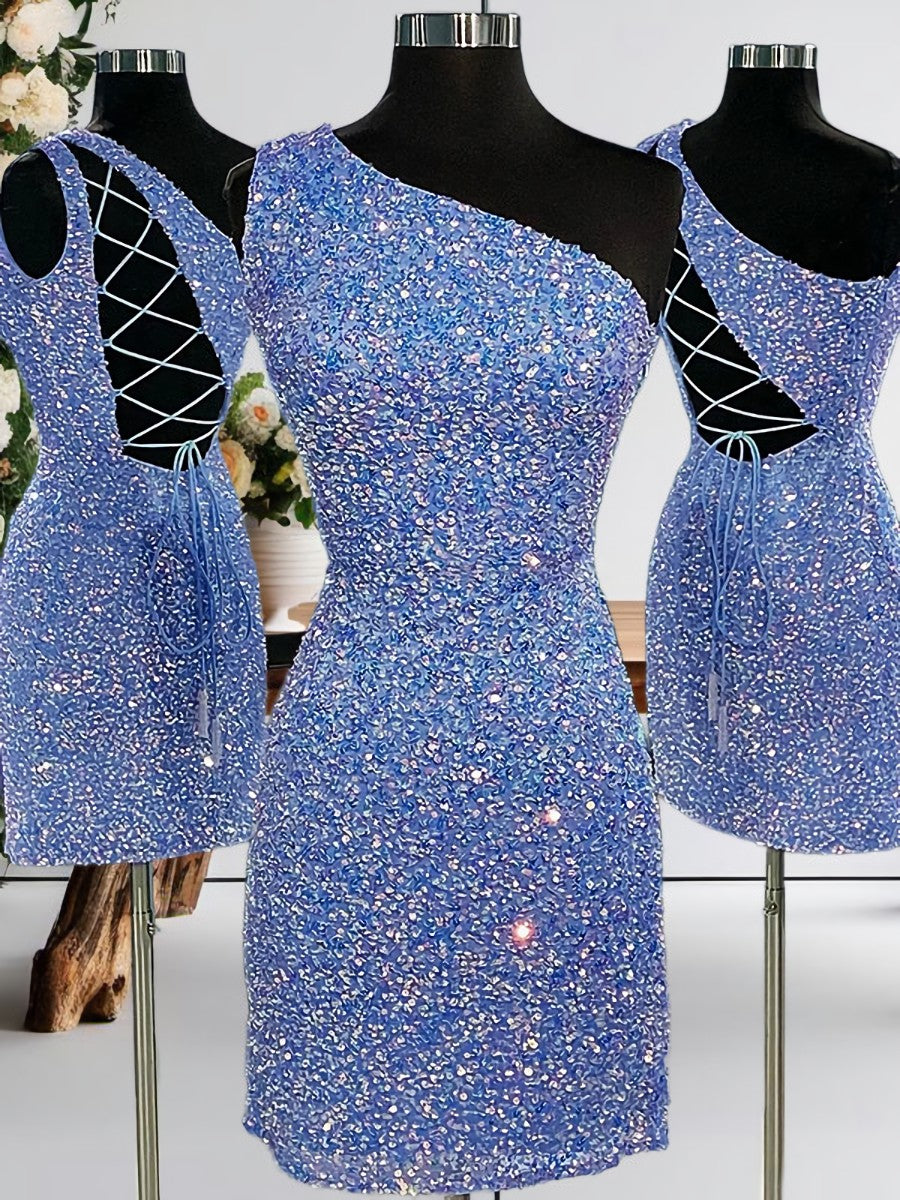 Sheath One-Shoulder Sequin Short/Mini Velvet Sequins Dress