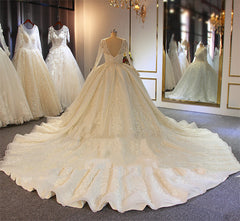 Shinny Long A-line Full Beading Lace-Up Wedding Dresses with Sleeves