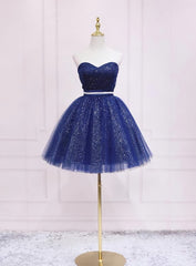 Shiny Blue Tulle Sweetheart Homecoming Dress Party Dress, Navy Blue Short Prom Dress