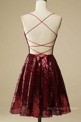 Shiny Sequins Backless Burgundy Short Prom Dresses, Backless Burgundy Homecoming Dresses, Burgundy Formal Evening Dresses