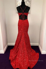 Shiny Sequins Backless Mermaid Red Long Prom Dresses, Mermaid Red Formal Dresses, Backless Red Evening Dresses