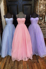 Shiny Tulle Open Back Long Prom Dress, Long Tulle Formal Graduation Evening Dress