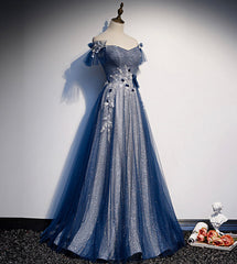 Shiny tulle sequins long prom dress blue evening dress