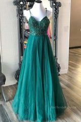 Shiny V Neck Backless Beaded Green Tulle Long Prom Dress, Green Lace Formal Dress, Beaded Evening Dress