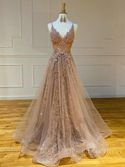 Shiny V Neck Champagne Lace Prom Dresses, Champagne V Neck Lace Formal Graduation Evening Dresses