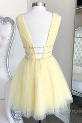 Shiny V Neck Open Back Yellow Tulle Short Prom Dress, V Neck Yellow Formal Graduation Homecoming Dress