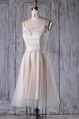 Short A-line Spaghetti Strap Lace Tulle Wedding Dress