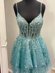 Short Blue Lace Prom Dresses, Short Blue Lace Formal Homecoming Dresses