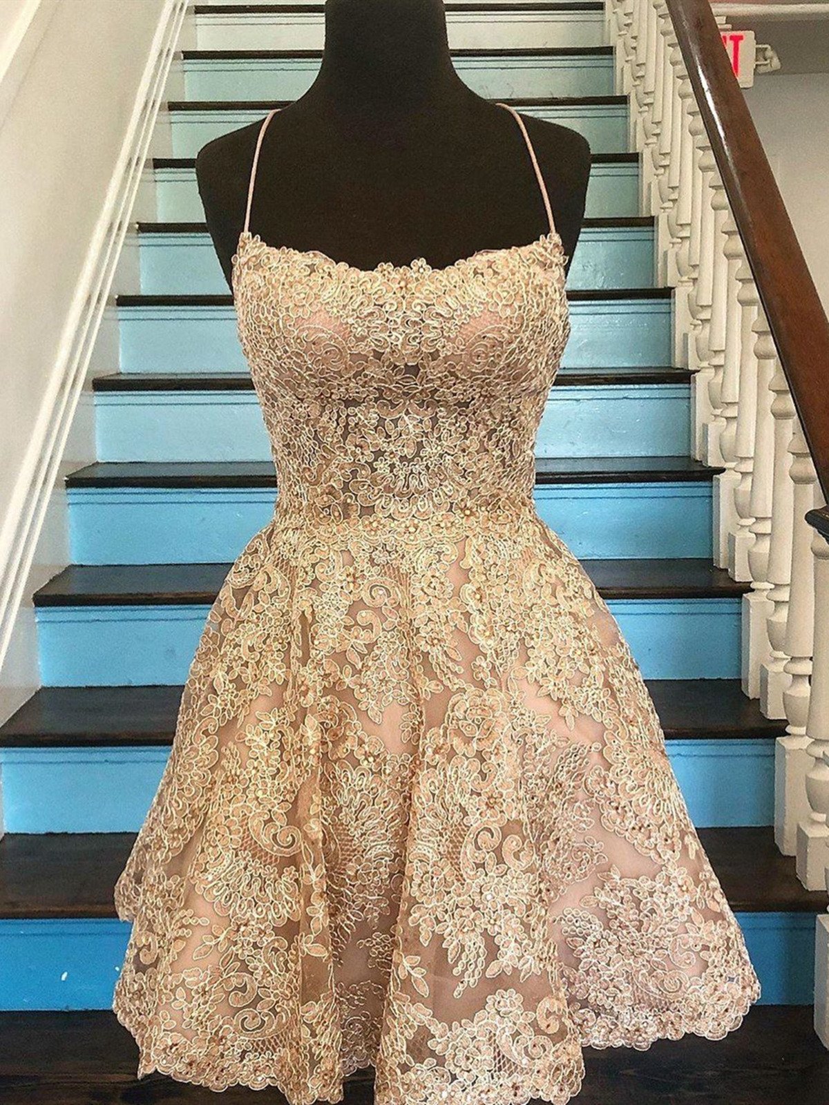 Short Champagne Backless Lace Prom Dresses, Short Lace Formal Graduation Homecoming Dresses