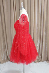 Short Red Long Sleeves Tulle Prom Dresses, Short Red Long Sleeves Formal Homecoming Dresses