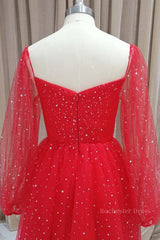 Short Red Long Sleeves Tulle Prom Dresses, Short Red Long Sleeves Formal Homecoming Dresses