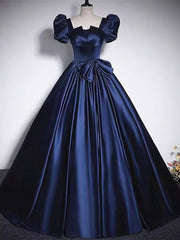 Short Sleeves Dark Blue Long Prom Dresses, Dark Blue Short Sleeves Long Formal Evening Dresses