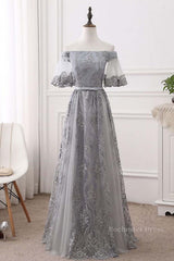 Short Sleeves Grey Lace Long Prom Dresses, Short Sleeves Gray Lace Long Formal Evening Dresses