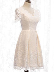 Short Sleeves Short Champagne Lace Prom Dresses, Short Champagne Lace Formal Wedding Dresses