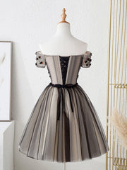 Cute Tulle Short Prom Dress with Flowers, Black Tulle Party Dress