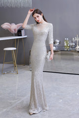 Silver Long sleeves Long Prom Dresses