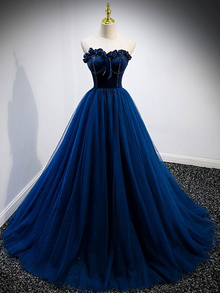 Simple A Line Blue Tulle Long Prom Dress, Blue Tulle Formal Dress