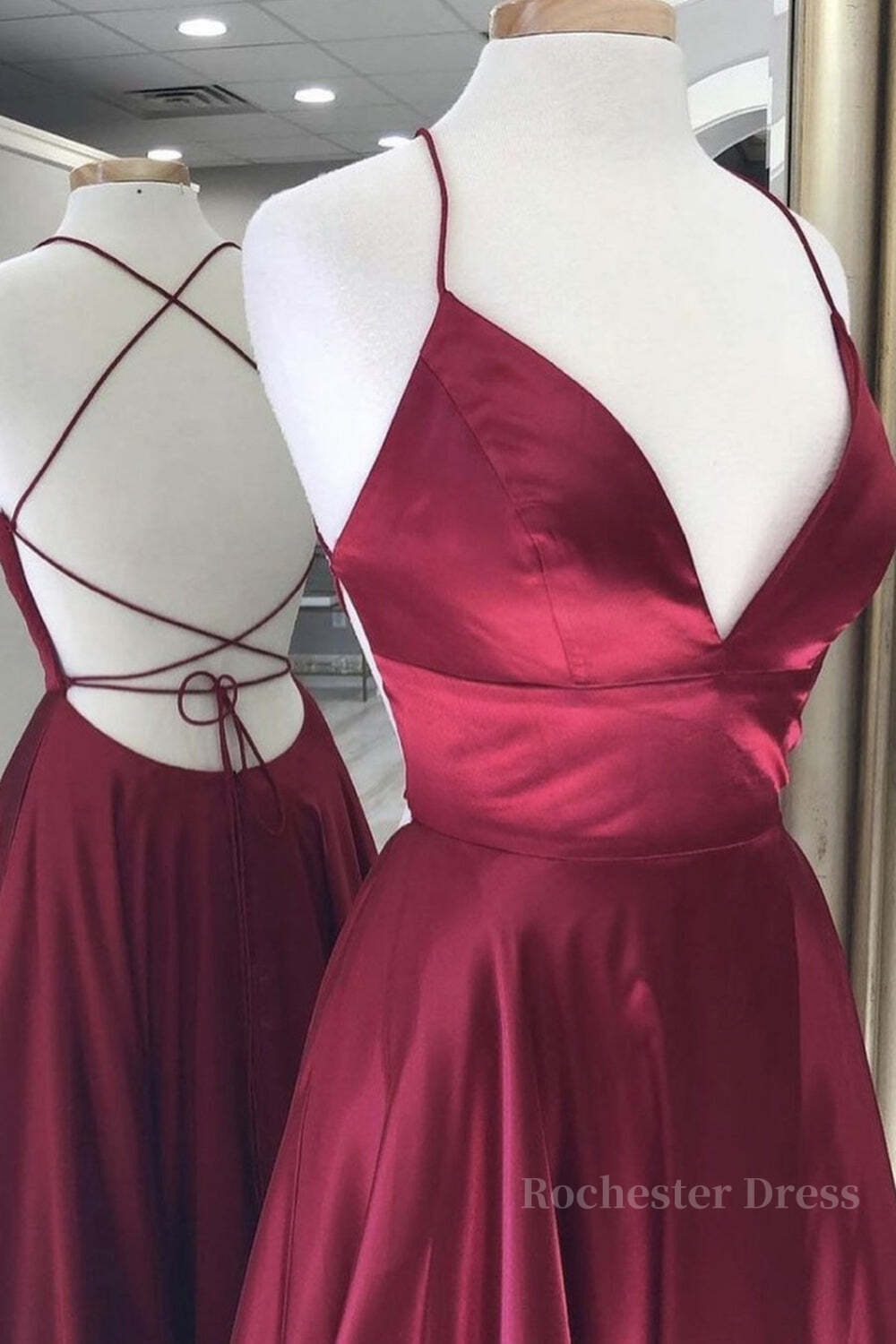 Simple A Line V Neck Backless Burgundy Long Prom Dresses, Backless Burgundy Formal Graduation Evening Dresses