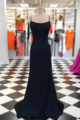 Simple Black Satin Sheath Spaghetti Straps Long Prom Dresses, Evening Gown