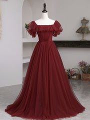 Simple Burgundy A line Long Prom Dresses, Burgundy Bridesmaid Dresses